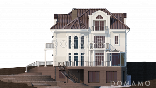 Проект семейного родового дома с террасой, балконами, кабинетами, спортивным залом, сауной / Фасад 2