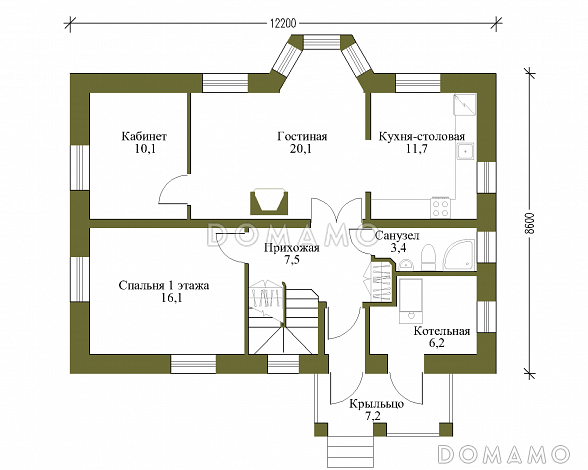 Проект газобетонного дома с мансардой в европейском стиле / План 1 этажа