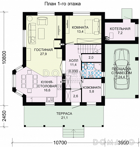 Проект дома из пенобетона с местом для машины / План 1 этажа