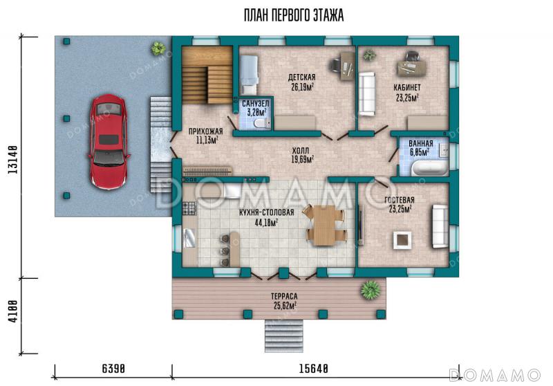 Проект дома с сауной в цокольном этаже, навесом для машины и гостиной на мансарде / План 1 этажа