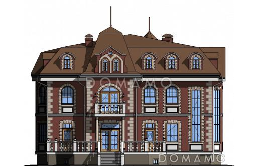 Проект двухэтажного дома с цоколем и мансардой, с сауной, бассейном и вторым светом  / Фасад 1