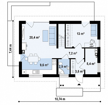 Проект одноэтажного мансардного дома из кирпича с кабинетом, тремя спальнями и хозяйской гардеробной / План 1 этажа