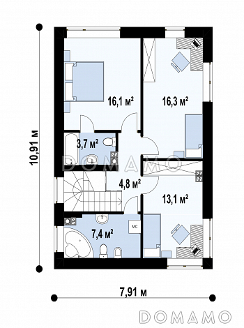 Проект загородного дома с террасой, кладовой, двумя санузлами на  втором этаже / План 2 этажа