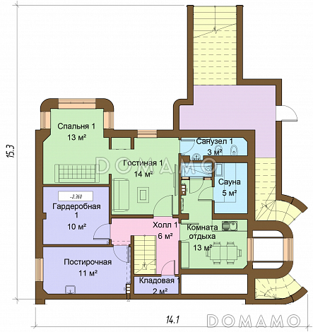 Проект дома с цокольным и мансардным этажами, с круглым эркером и террасой / План цокольного этажа
