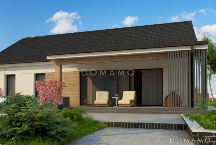 Проект загородного дома с удобной планировкой, мастер-спальней, ванной с окном, террасой