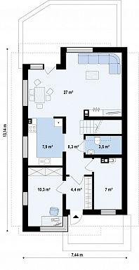Проект аккуратного одноэтажного мансардного дома из кирпича для узкого участка / План 1 этажа