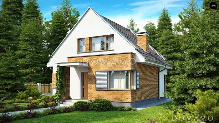 Проект небольшого одноэтажного мансардного дома из газобетона с изолированной кухней и открытой террасой 