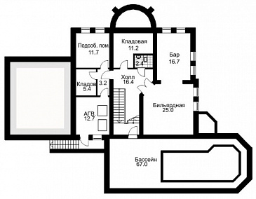Проект двухэтажного дома из кирпича с полукруглым эркером / План цокольного этажа