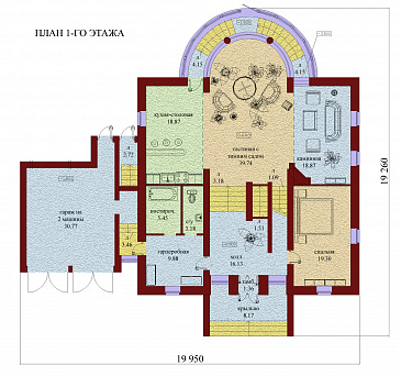 Проект одноэтажного дома с мансардой, цоколем и чердаком, со стеклянным эркером / План 1 этажа