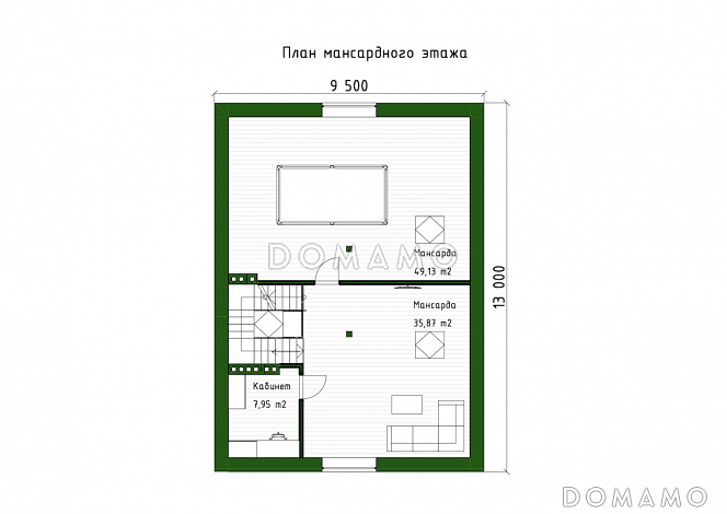 Проект двухэтажного дома с мансардой, мастер-спальней и остекленной террасой / План мансардного этажа