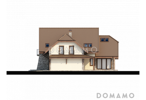 Проект просторного одноэтажного мансардного дома из газобетона с пятью комнатами, балконом и гаражом / Фасад 4