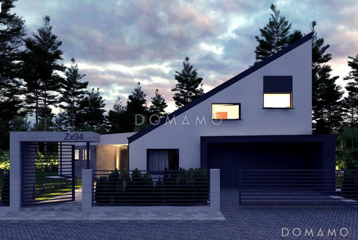 Проект современного одноэтажного дома из газобетона с односкатной крышей, вторым светом и гаражом