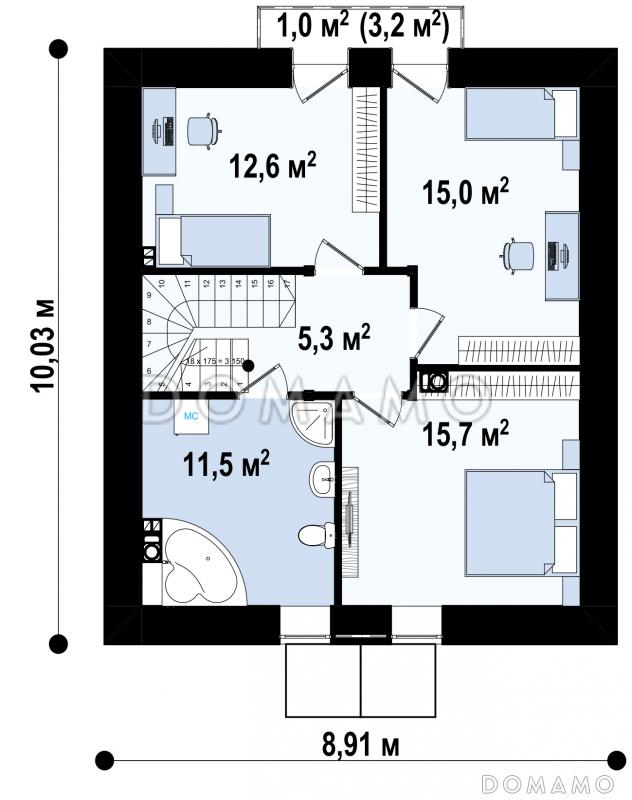 Проект загородного с отделкой фасадов кирпичом, кладовой, с террасой, балконом / План мансардного этажа