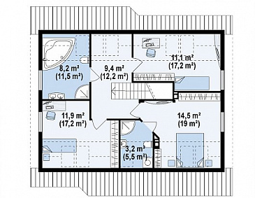 Проект одноэтажного мансардного дома из кирпича с кабинетом и тремя комнатами / План мансардного этажа