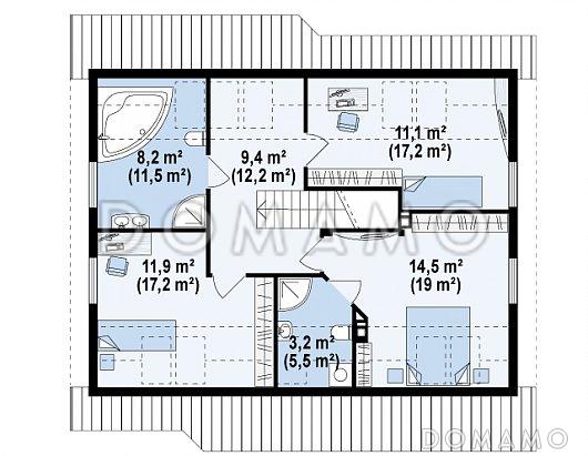 Проект одноэтажного мансардного дома из кирпича с кабинетом и тремя комнатами / План мансардного этажа