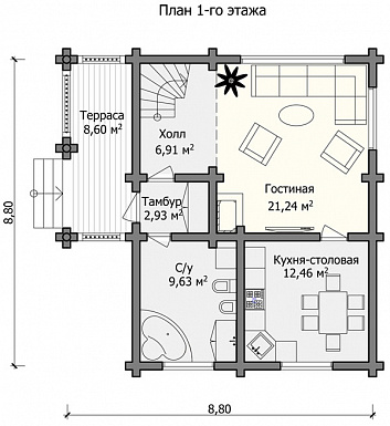 Проект небольшого дома, который очень хорошо подойдет для проживания небольшой семьи / План 1 этажа