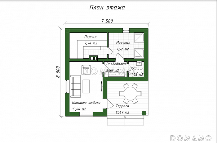 Проект компактной бани из газобетона с комнатой отдыха / План 1 этажа