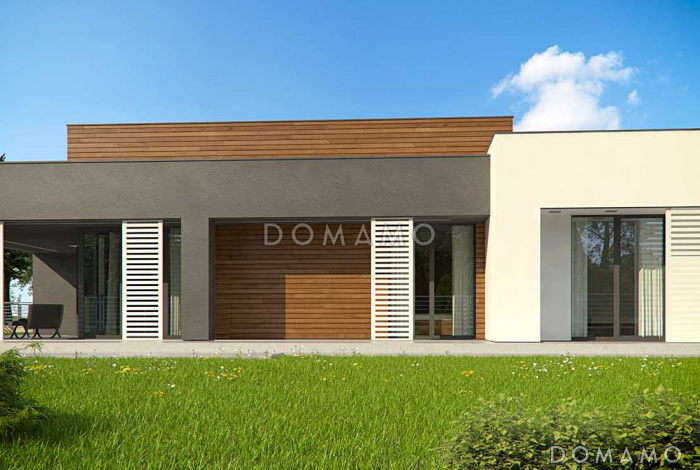 Проект одноэтажного дома из газобетона с плоской крышей, большой площадью остекления и крытой террасой, увеличенная версия