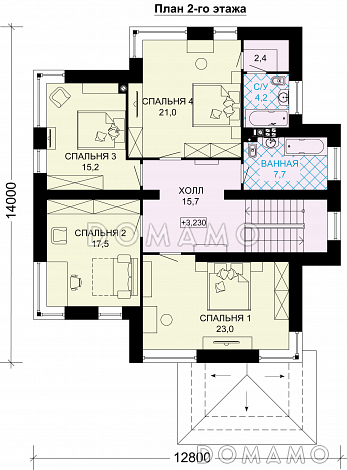 Проект загородного дома из СИП панелей с четырьмя спальными комнатами и гаражом для одного автомобиля / План 2 этажа