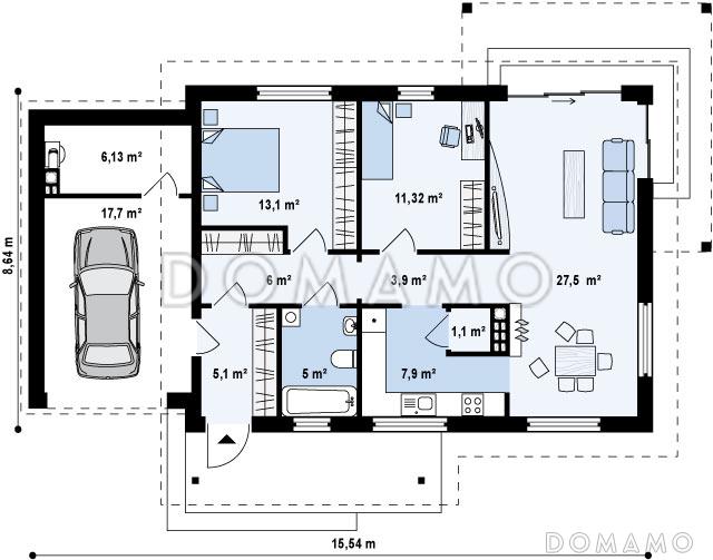 Проект одноэтажного дома из кирпича с большой светлой гостиной и с пристроенным гаражом / План 1 этажа