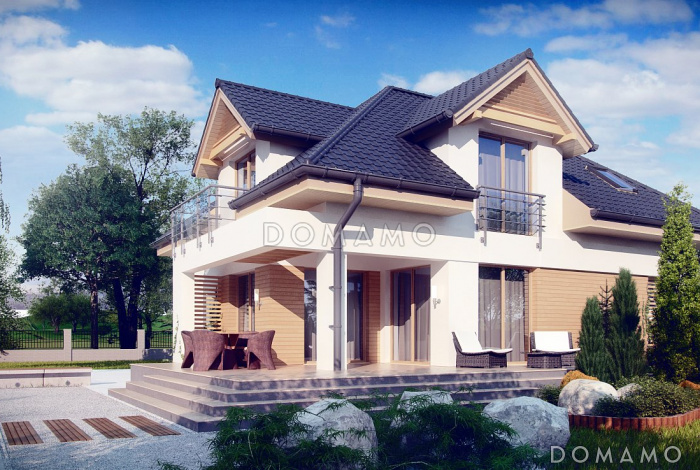 Проект дома с подвалом, гаражом, террасой, кладовой на кухне, балконом