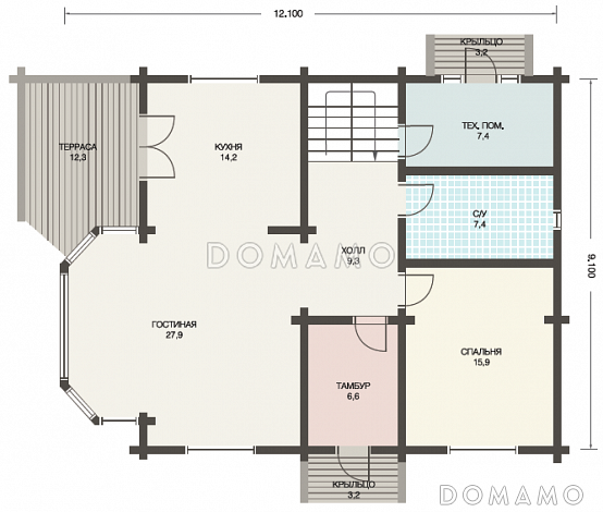 Проект дома из клееного бруса с гостиной, совмещенной с кухней-столовой / План 1 этажа