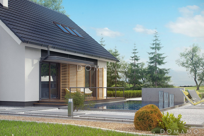 Проект одноэтажного мансардного дома из кирпича с балконом, тремя спальнями и кабинетом