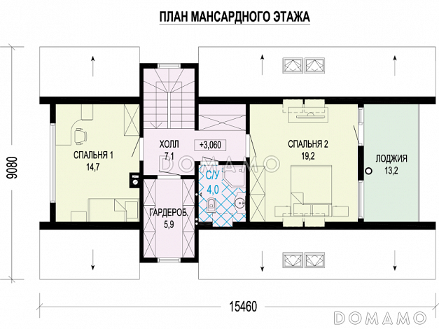 Проект каркасного загородного А-образного дома с террасой, лоджией / План мансардного этажа