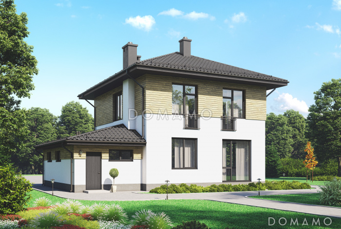 Проект двухэтажного дома с гаражом, террасой и камином в гостиной