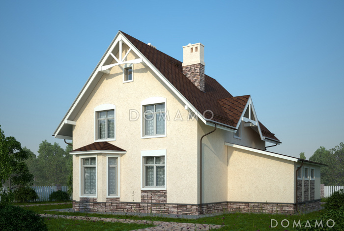 Проект бежевого оштукатуренного коттеджа с гаражом и эркером в гостиной