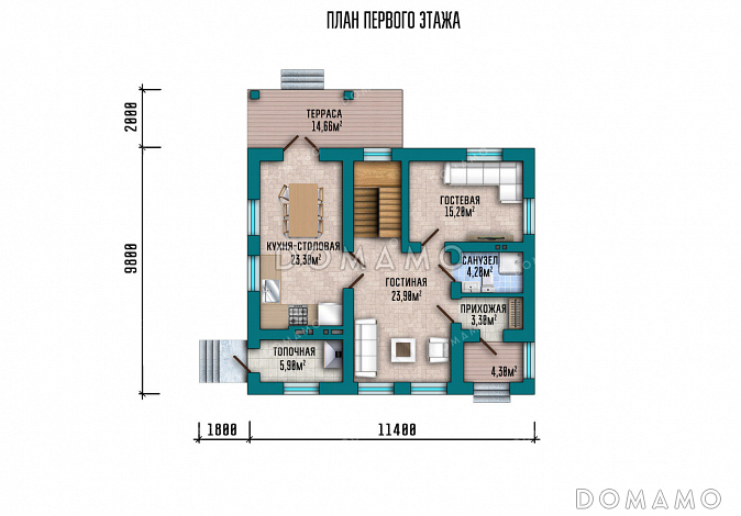 Проект дома с просторной кухней-столовой, загороженным крыльцом и уютным балконом на верхнем этаже / План 1 этажа