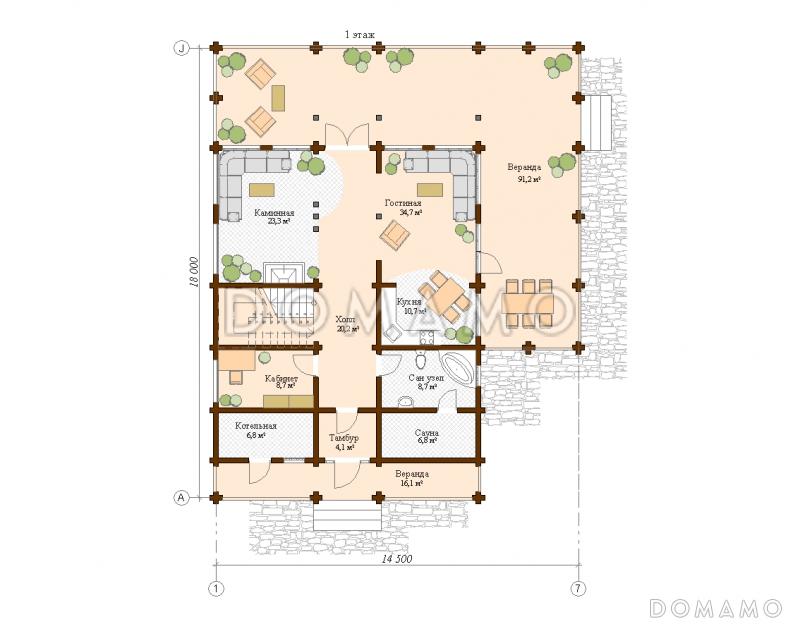 Проект дома с большой открытой террасой / План 1 этажа