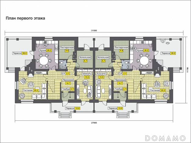 Проект дома с террасой, изолированной кухней, вторым светом / План 1 этажа