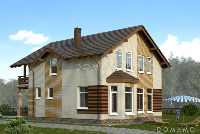 Проект облицованного кирпичом дома с панорамным эркером в кухне