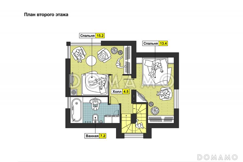Проект дома с террасой, гостиной с камином, ванной с окном, кухней-столовой / План мансардного этажа