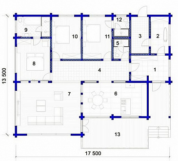 Проект дома из клееного бруса с широкими французскими окнами в пол / План 1 этажа