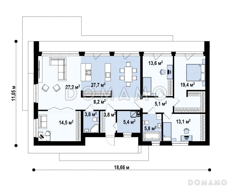 Проект одноэтажного дома с тремя спальными комнатами с общим санузлом, кабинетом, просторной дневной зоной / План 1 этажа