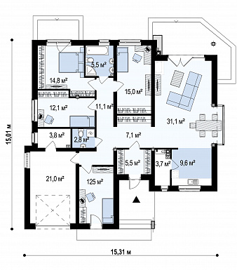 Проект одноэтажного дома из газобетона со стеклянным эркером в столовой зоне, четырьмя спальнями и гаражом / План 1 этажа