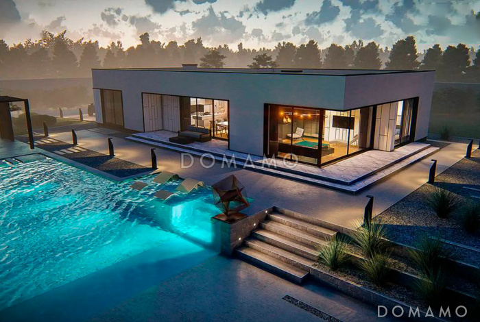 Проект кирпичного одноэтажного дома с плоской кровлей и гаражом на две машины