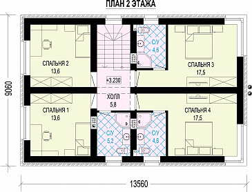 Проект современного двухэтажного дома с тремя мастер-спальнями, котельной и барбекю на террасе / План 2 этажа