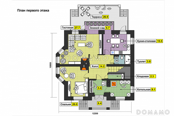 Проект двухэтажного дома с эркером, балконами, зимним садом, спальней на первом этаже / План 1 этажа