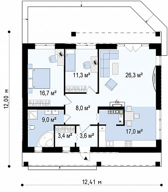Проект компактного одноэтажного дома из кирпича с двумя спальнями, светлой просторной дневной зоной и большой открытой террасой / План 1 этажа