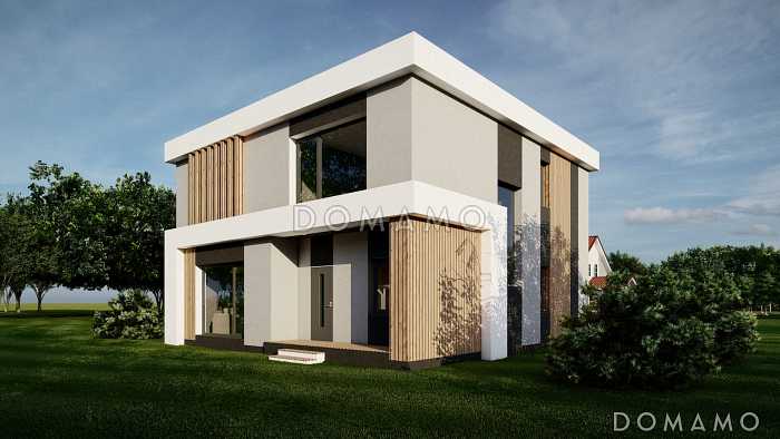 Проект двухэтажного дома с панорамными окнами, кабинетом, 3 спальнями, кухней-гостиной