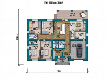 Проект одноэтажного дома со встроенным гаражом и террасой / План 1 этажа