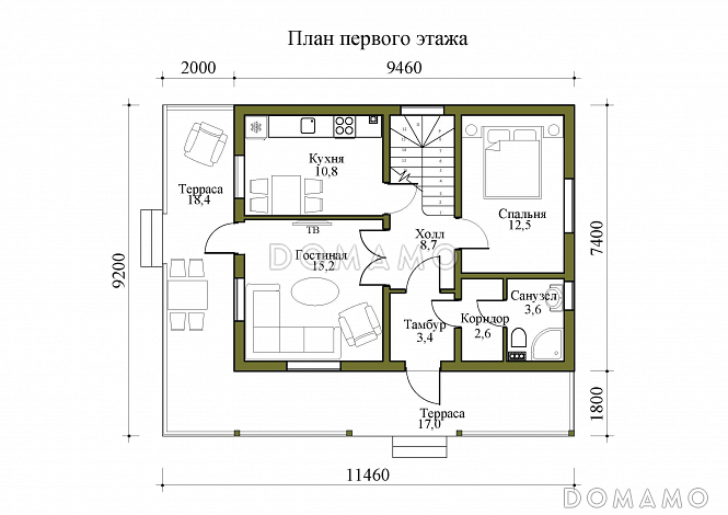 Проект двухэтажного дома с крытой и открытой террасами / План 1 этажа