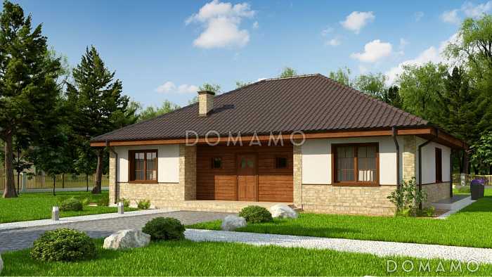 Проект одноэтажного дома из газобетона с тремя спальнями и небольшой крытой угловой террасой