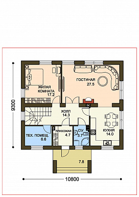 Проект двухцветного коттеджа из SIP с двумя гардеробными и большим крыльцом / План 1 этажа