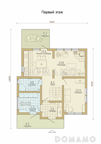 Проект каркасного дома с небольшой открытой террасой / План 1 этажа