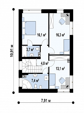 Проект загородного двухэтажного дома с террасой, кладовой, гостиной с камином / План 2 этажа