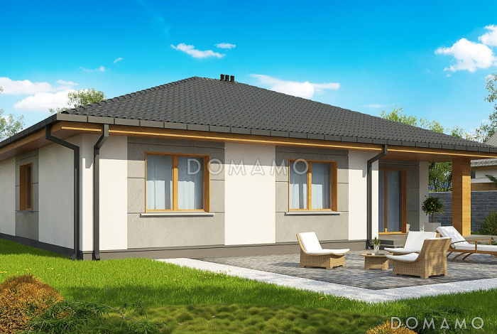 Проект одноэтажного дома из газобетона с четырьмя спальнями и крытой террасой